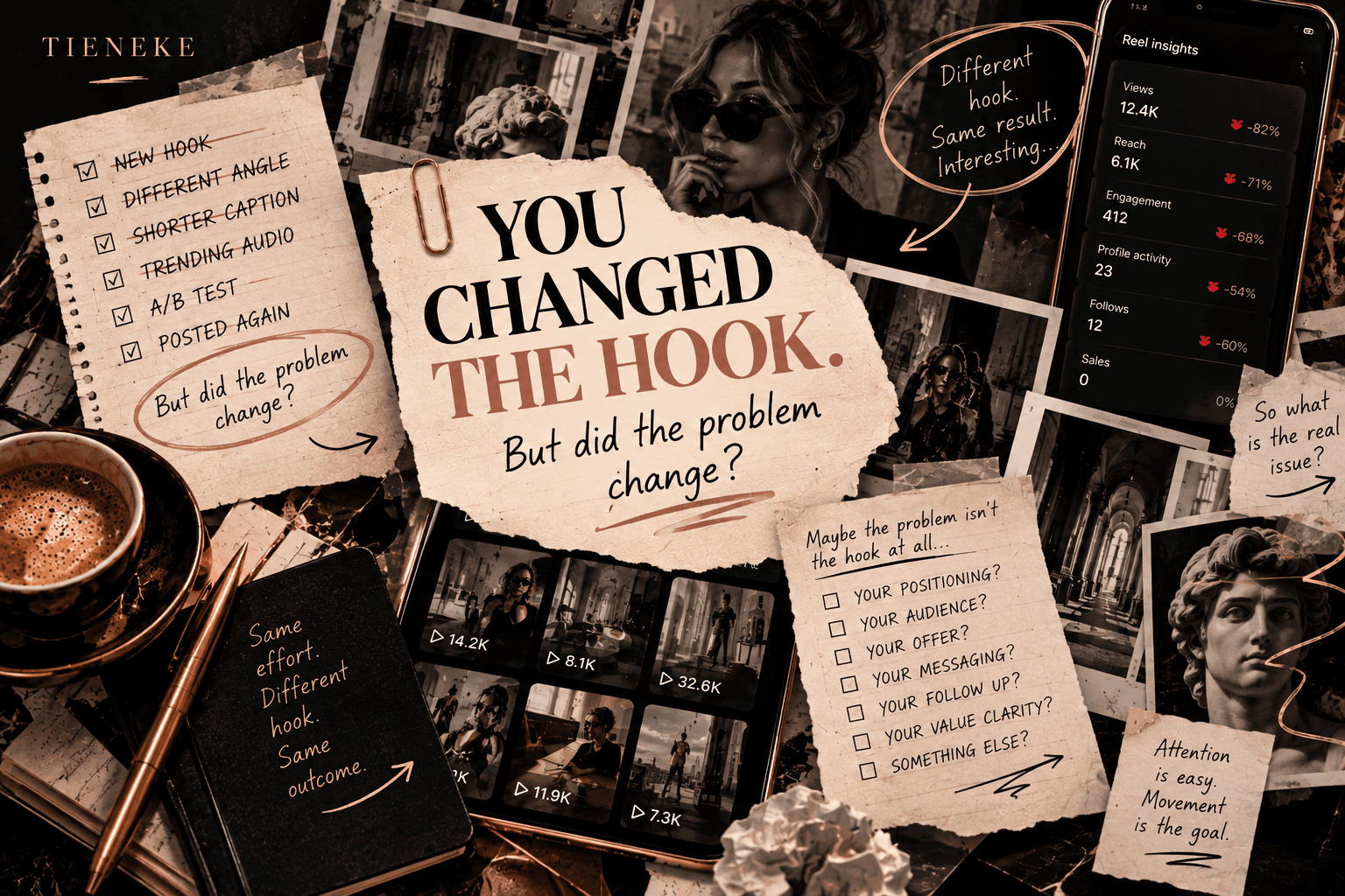 TIENEKE visual collage asking whether changing the hook actually changed the problem