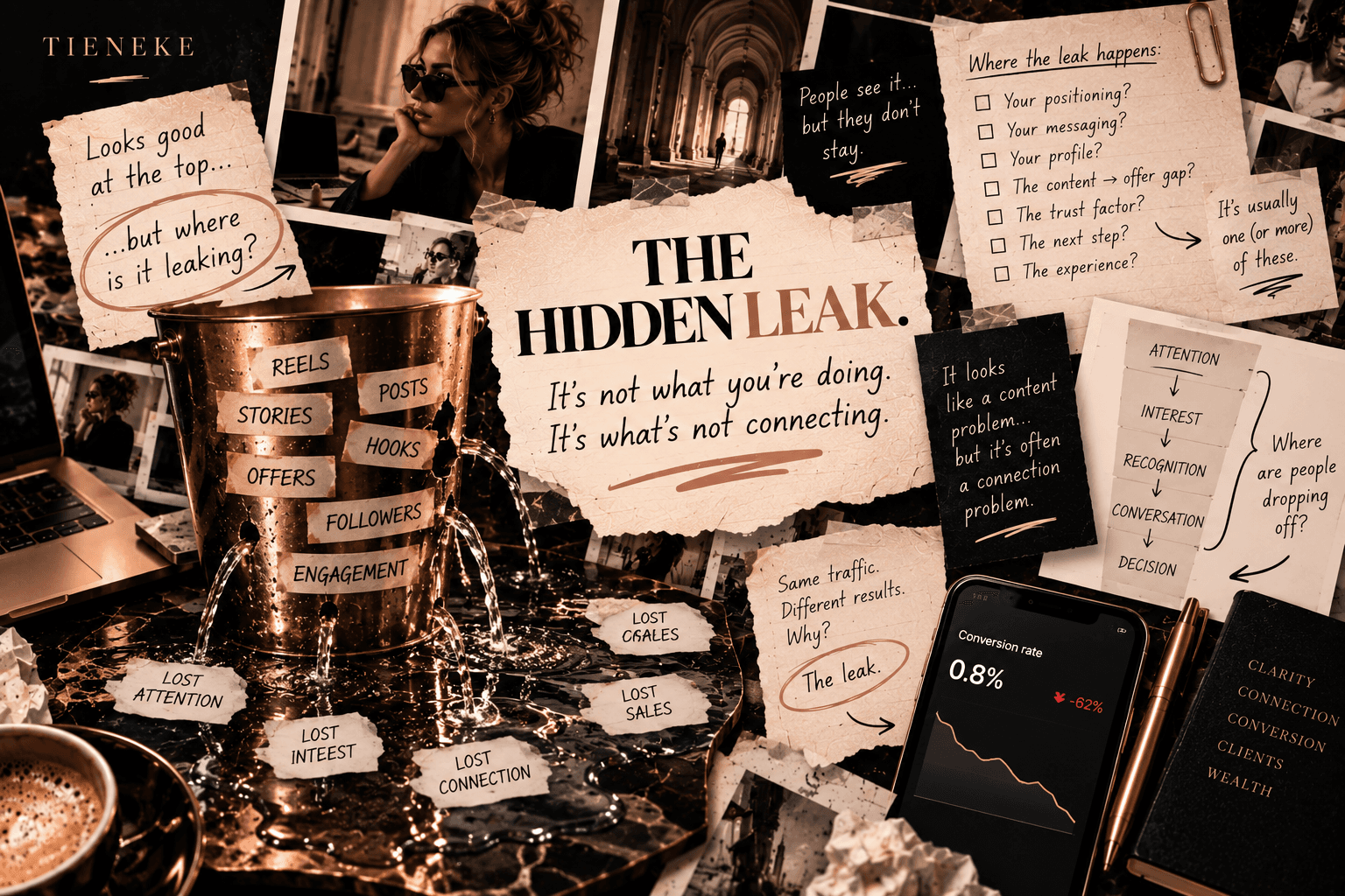 TIENEKE visual showing the hidden leak between attention, connection and conversion