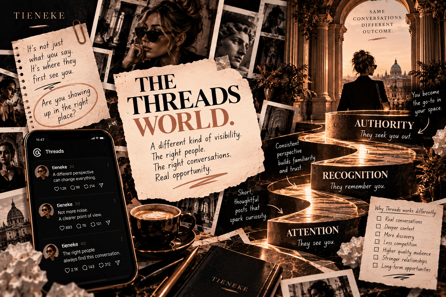 TIENEKE Threads strategy visual showing attention becoming recognition and authority
